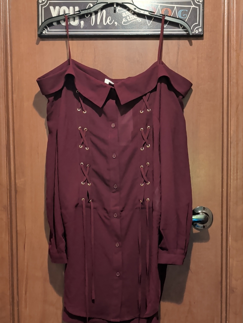 JustFab Off-Shoulder Lace-Up Blouse Dress - Wine/Burgundy
